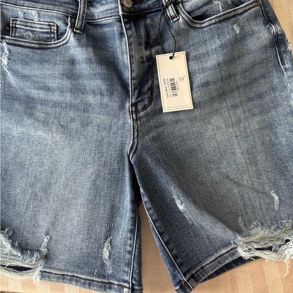 Judy Blue Distressed Mid-Thigh Blue Jean Shorts